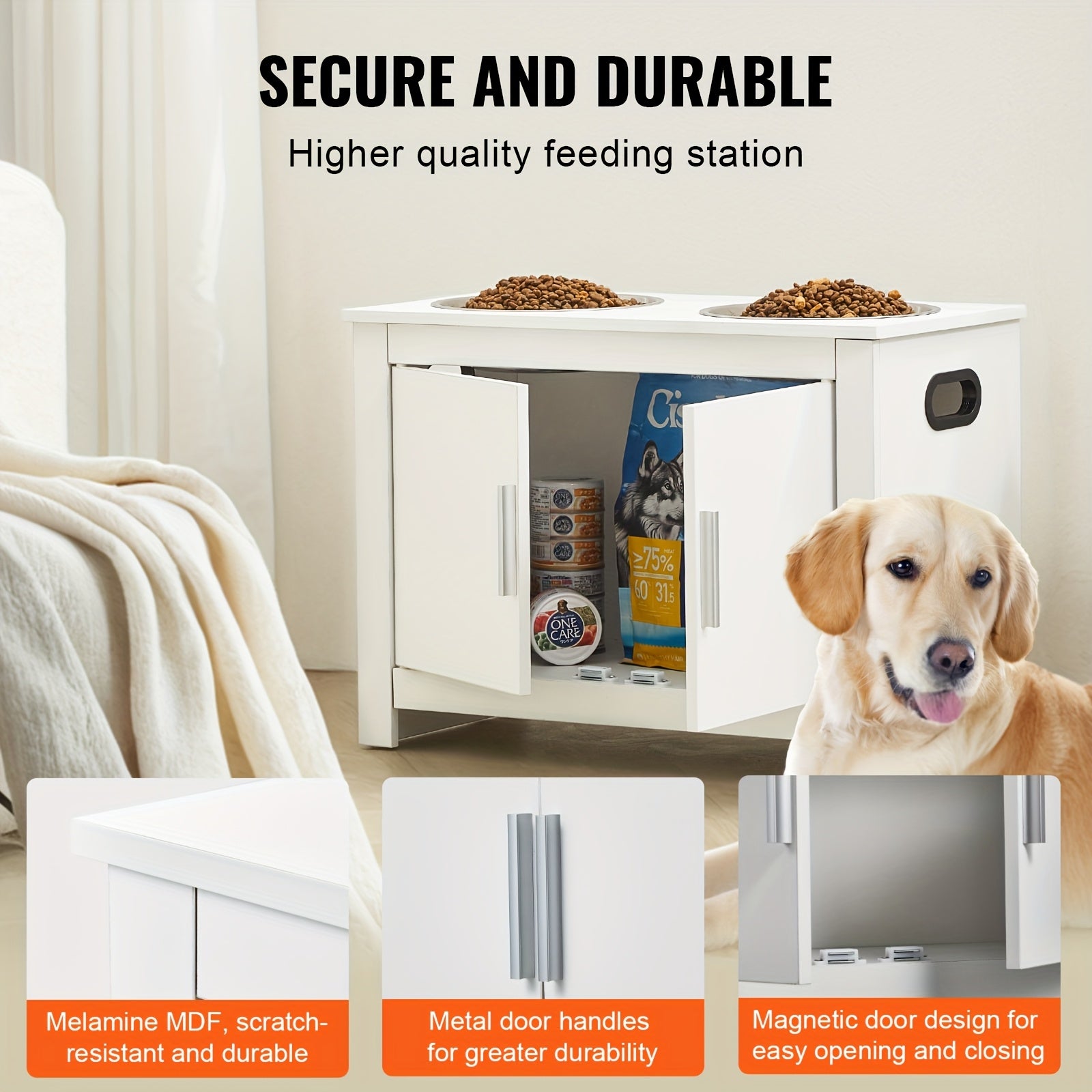 Happybuy Elevated Dog Feeding Station with 2 Stainless Steel Bowls & - Modern White Wood Pet Dispenser, Heavy-Duty Elevated /Water Dispenser for Large Breeds, Space-Saving Design for Home, Easy ssembly, Pet Feeding Station, R
