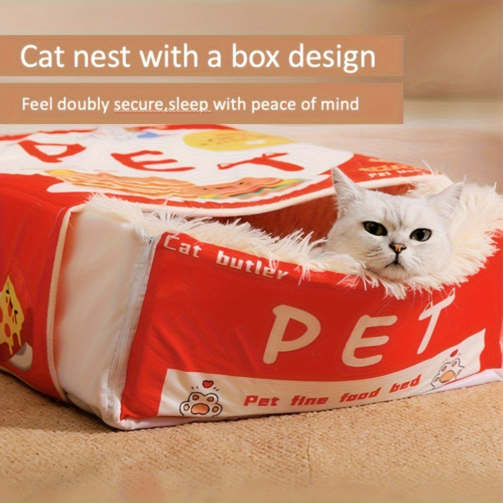 Rectangular Fully Enclosed Cat Bed with Snack Box Design - All-Season Cozy Pet Bed for Cats, Durable Polyester, Removable & Washable, Perfect Thanksgiving & Christmas Gift for Feline Friends, Cat Bed for Indoor Cats, Playful