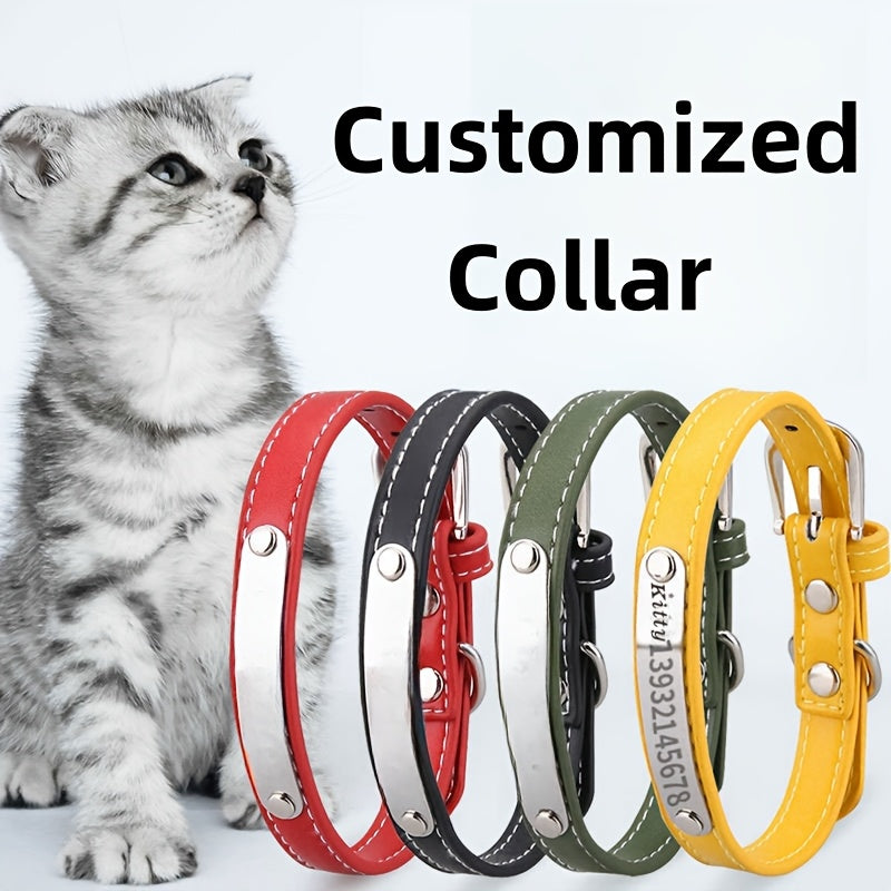 [Secure Fit] Custom Adjustable Pet Collar with Name & Phone Number Tag - Durable PU Leather Accessory for Cats & Dogs, Fits All Breeds, Multiple Colors (Red, Black, Yellow, Green)