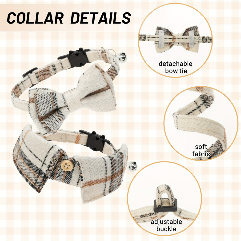 2pcs Plaid Bow Tie Cat Collars with Bells - Adjustable Breakaway Safety Design for Kittens & Puppies, Cute Pet Accessories