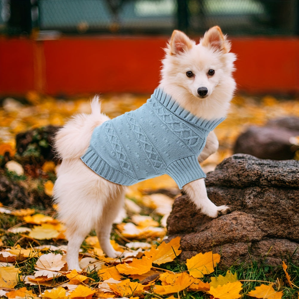 Cozy Light Blue Turtleneck Sweater for Small to Large Dogs - Soft, Warm Knit Pet Apparel with Diamond Pattern - Ideal for All Seasons, Including Winter, Dog Sweater