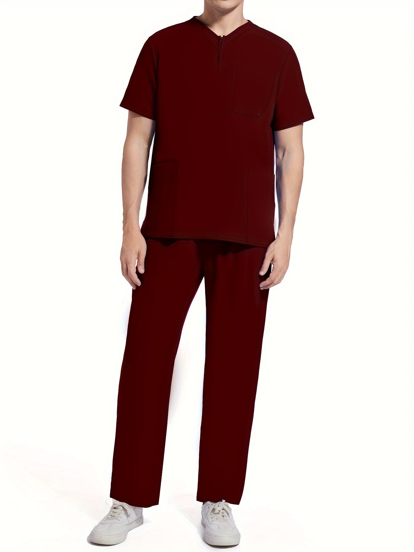 Men's Short Sleeve Summer Work Wear Set, Lab Coat, Pet Grooming Uniform, Breathable V-neck Top With Pockets And Long Pants Outfit