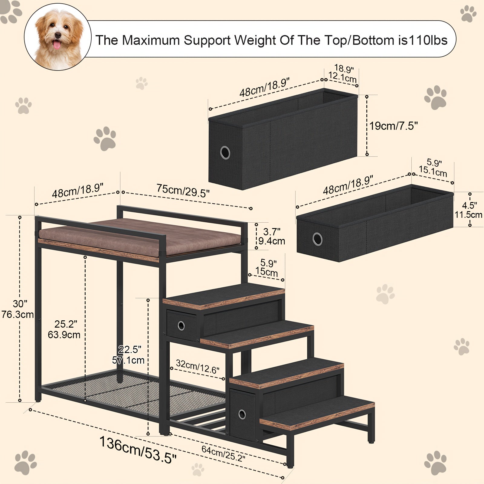 SAUDISM Multi-Level Pet Bunk Bed with Removable Step for Dogs & Cats - Durable Wooden Frame, Cushioned Perch & Window Seat, Indoor Use, Easy Assembly, Black, Perfect for Small to Medium Dogs, Cozy Home Decor, Pet Furniture, M