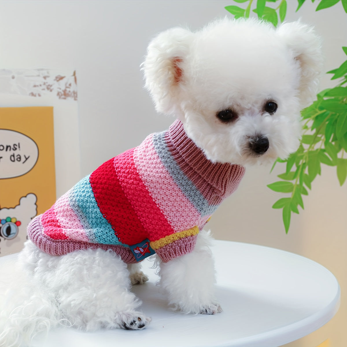[Warm Striped Pullover for Pomeranians] Small Breed Cozy Knit Dog Sweater - Colorful Striped Pullover for Pomeranians, Teddy & Poodles - Warm Autumn/Winter Pet Apparel