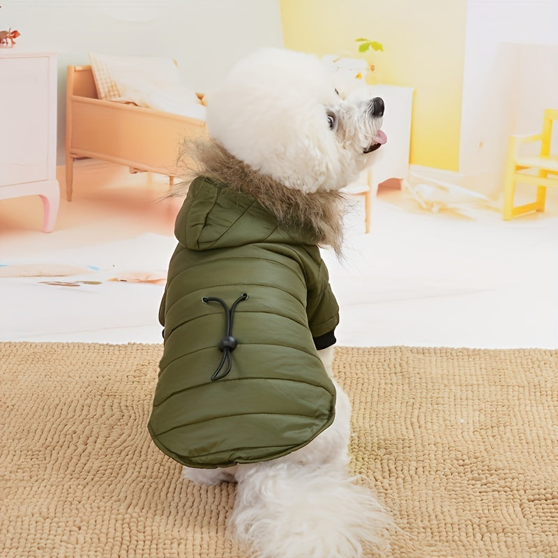 Fashionable Dog Coat with Rabbit Fur Lining, Non-Waterproof Polyester Pet Jacket, with Detachable Fur Trim, Adjustable Waist, for Small and Toy Breeds, Ideal for Yorkie, Maltese, Bichon, Pomeranian, Chihuahua, Fall/Winter Pet
