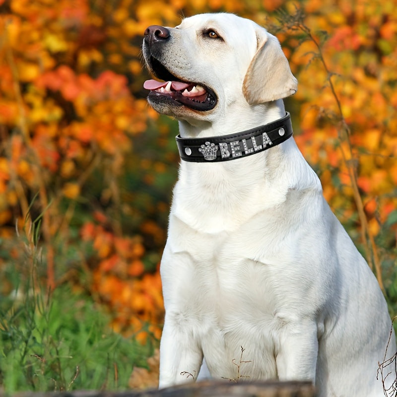 Personalized PU Leather Dog & Cat Collar with Sparkling Rhinestone ID Tag - Custom Name "Bella" or "Jamie" & Heart/Paw Print Design, Adjustable Fit for Small to Large Pets, Perfect Gift for Your Furry Friend