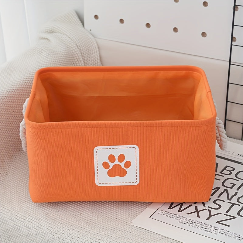 Beige Canvas Multi-Purpose Storage Box - Pet Toy Organizer with Brown Paw Print Design, Rope Handles - Ideal for Dog Toys, Clothes & Organizational Needs