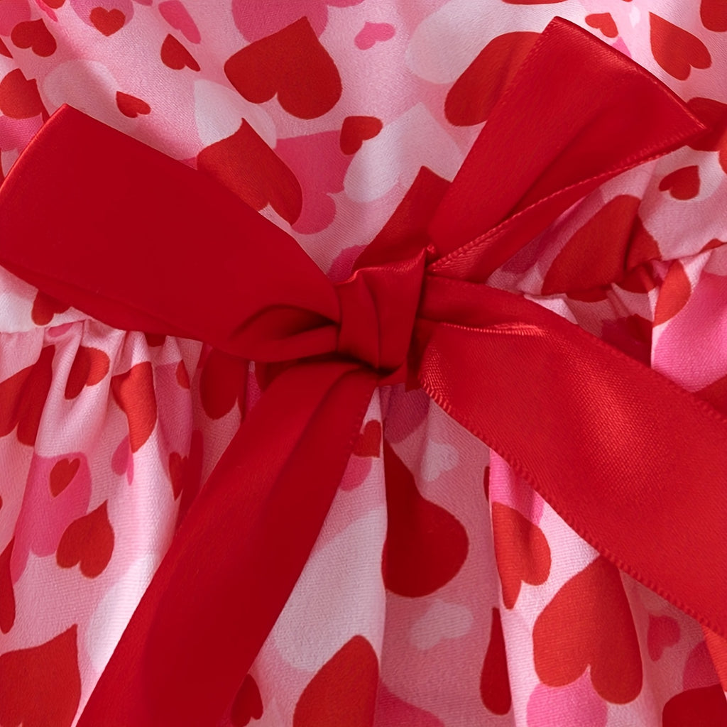 Valentine's Day Pink Heart Pattern Dog Dress with Bow, Cute Pullover Pet Apparel for Small & Mini Breeds, Woven Polyester 95% Spandex 5%, Suitable for Spring, Summer, Fall, Series, Skirt