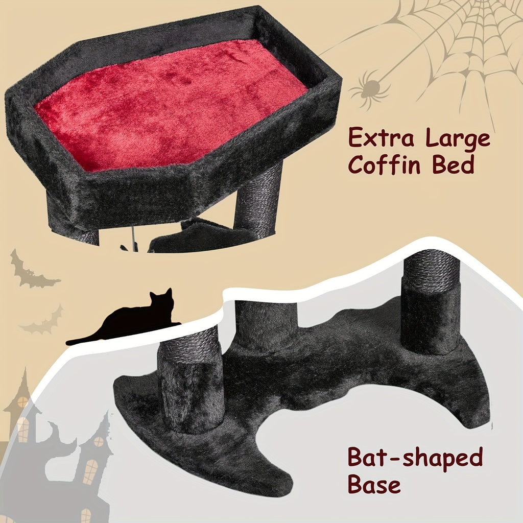 BEWISHOME Gothic Cat Tower With Coffin Bed, Multi-Level Goth Cat Tree Cat Condo With Cat Scratching Post, Spider Hanging Ball Black Red Halloween Kitten Pet Furniture