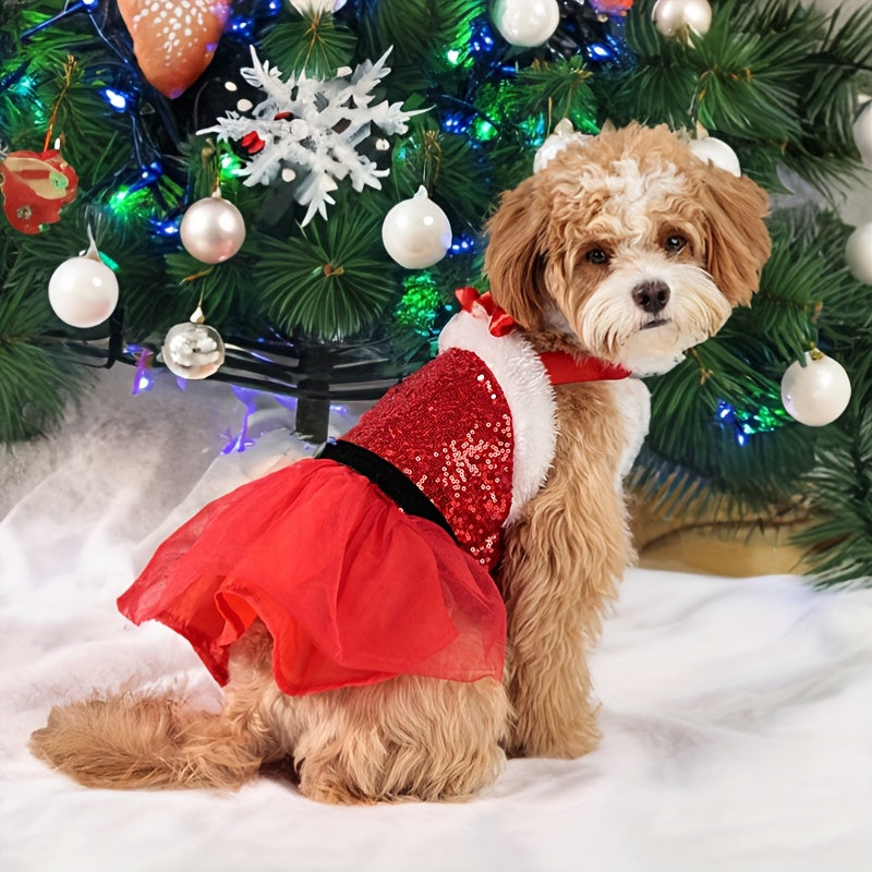 Chic Christmas Dog Dress - Festive Sequin Party Outfit for Small to Medium Breeds, Snap-On Polyester Pet Apparel - Perfect for Holiday Parties & Photoshoots - Gift for Dog Lovers