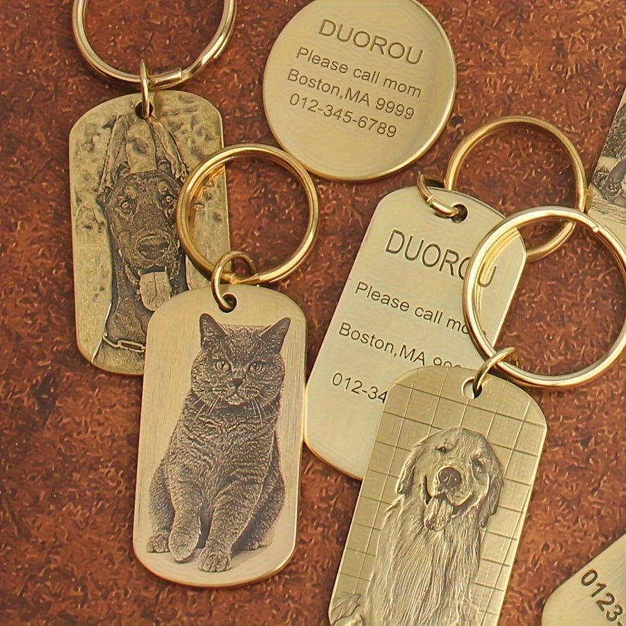 [Engraved Pet Photo Tag] Anti-Lost Engraved Pet Photo Tag - Personalized Brass Dog Tag - Custom Pet Name Photo Number Dog Collar Pendant, Pet Collar Accessories
