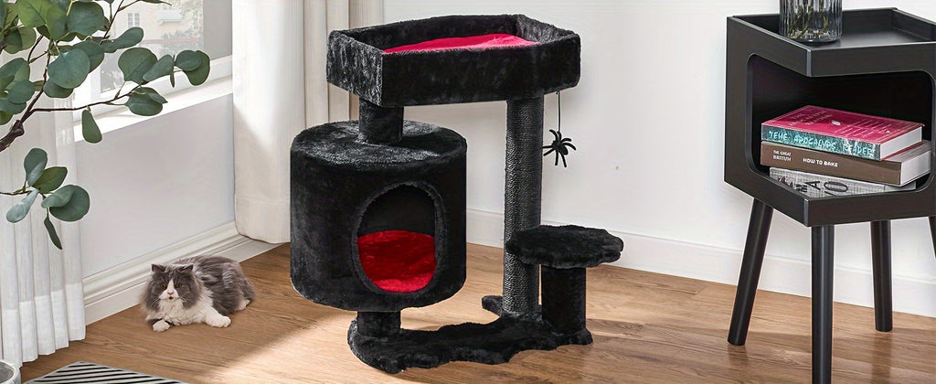 BEWISHOME Gothic Cat Tower With Coffin Bed, Multi-Level Goth Cat Tree Cat Condo With Cat Scratching Post, Spider Hanging Ball Black Red Halloween Kitten Pet Furniture