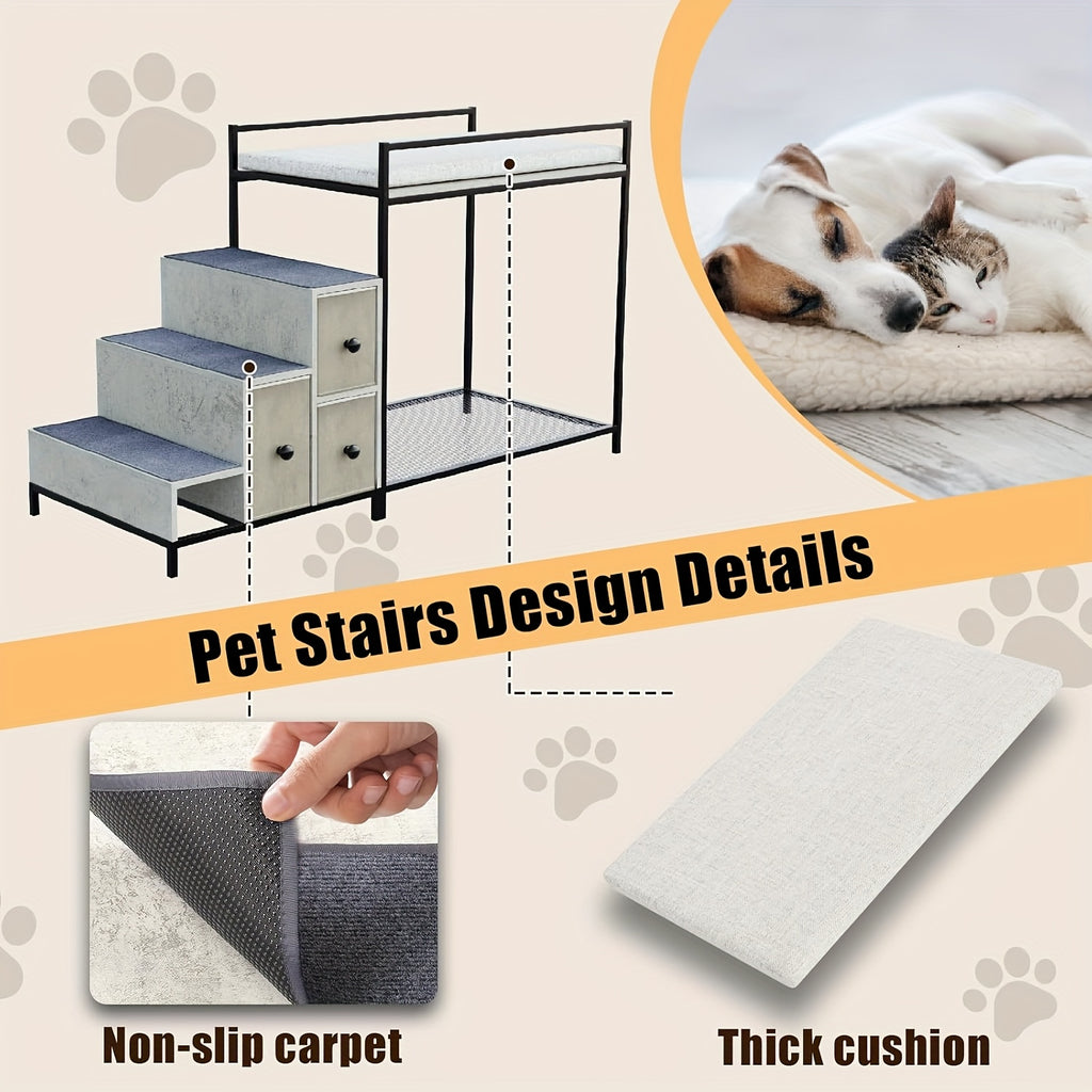 Multi-Level Pet Bunk Bed with Stairs & Storage Drawers - Elevated Dog Bed or Window perch, Sturdy Construction, Space-Saving Design for Small/Medium Dogs - Modern Home Decor Pet Furniture, Engineered Wood Frame, Apartment Pet