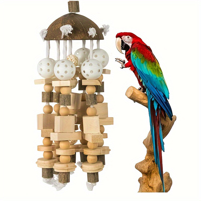 1pc Natural Wood Parrot Chew Toy - Durable Coconut Shell & Solid Wood Bird Plaything for Large Parrots