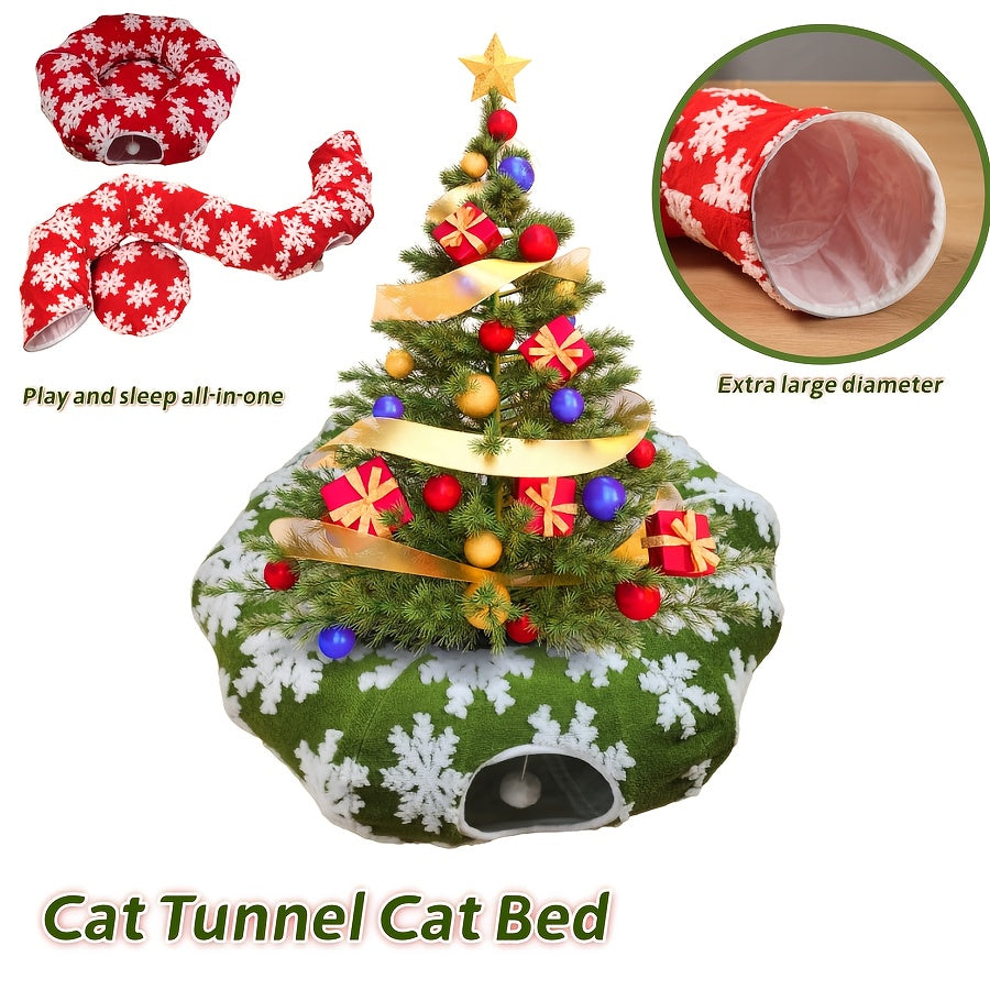 Christmas Cat Tunnel & Bed - Extra Large 37.01in Plush Warm Cozy Cat Bed with Expandable Donut, Snowflake Pattern, Holiday Theme, Anxiety Relief, Indoor Use, Red & Green, Cat Bed for Indoor Cats, Festive Pet Furniture, Playfu