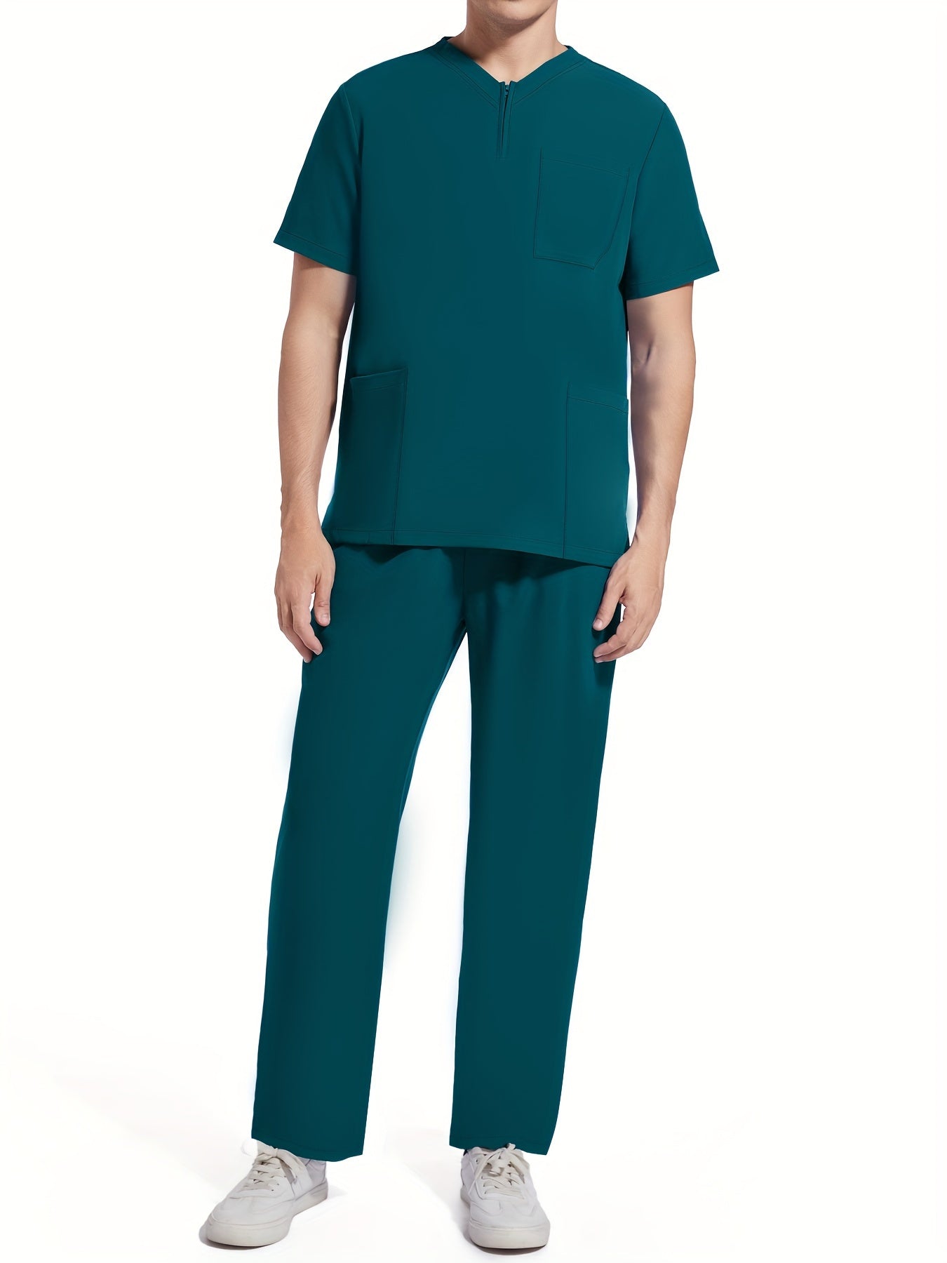 Men's Short Sleeve Summer Work Wear Set, Lab Coat, Pet Grooming Uniform, Breathable V-neck Top With Pockets And Long Pants Outfit