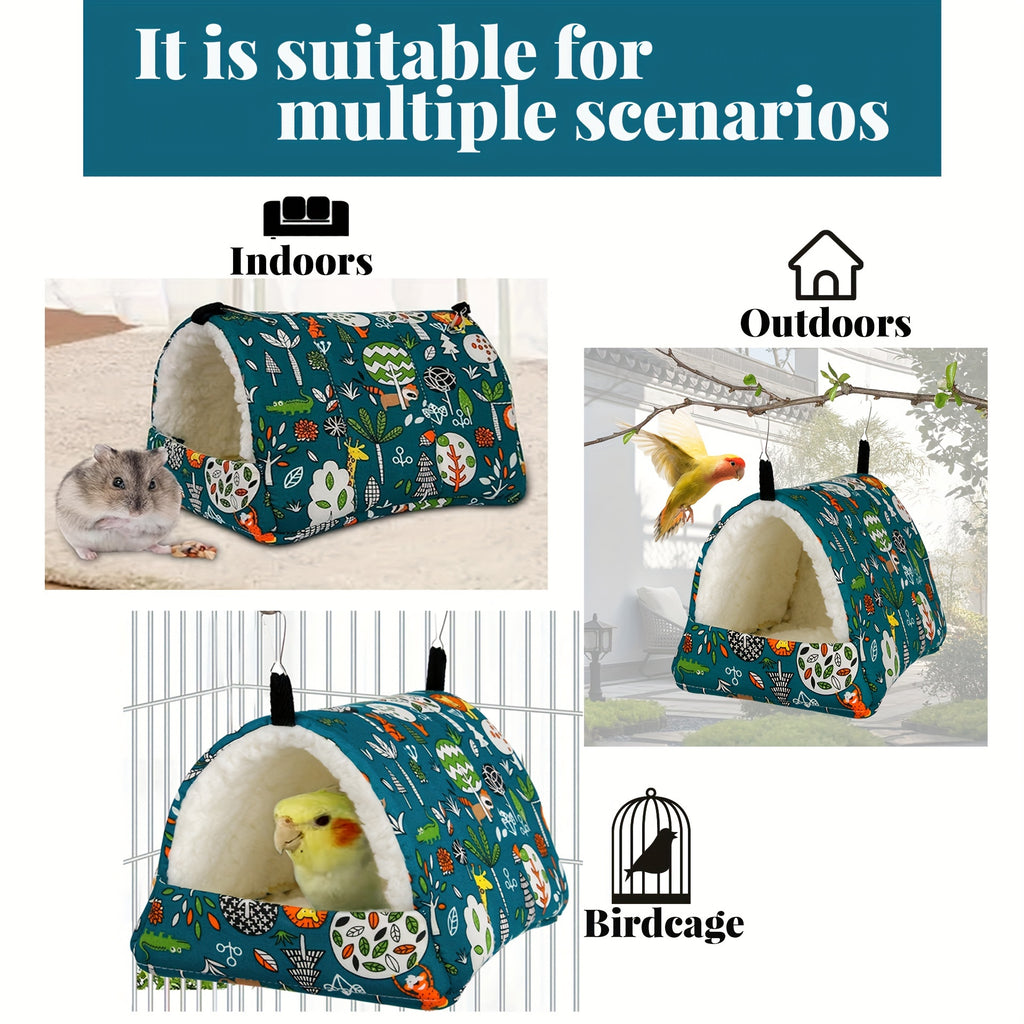 1pc Cartoon Printed Warm Fleece Bird Nest, Warm Triangular Sleeping Bird Hammock, Hanging Bedding Toy Bird Hideout