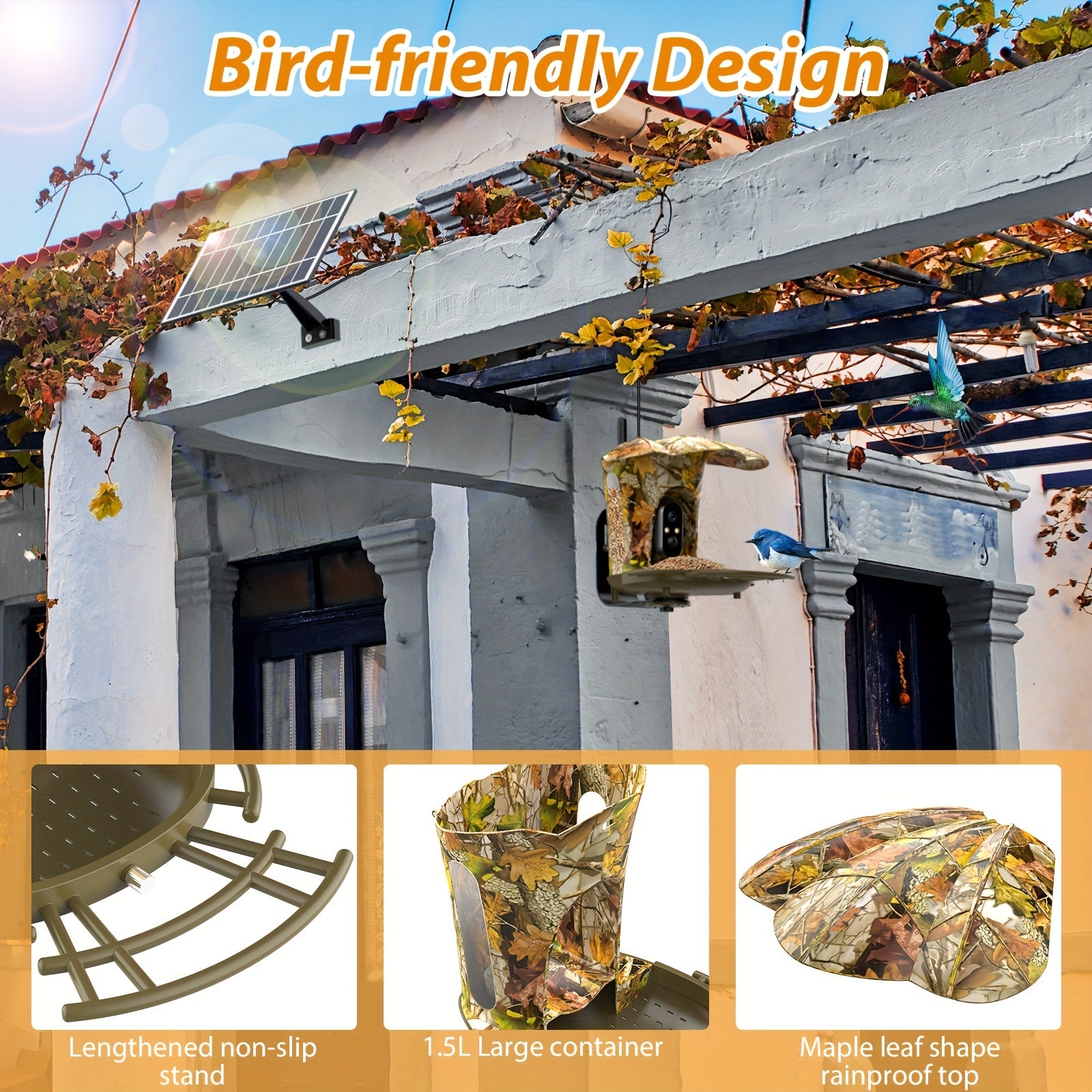 [Intelligent Bird Feeder Camera] 1080P Intelligent Bird Feeder Camera - Automatic Bird Camera Capture with 6W Solar Panel and 64G Memory Card - Suitable for Bird Enthusiasts and Wild Bird Viewing