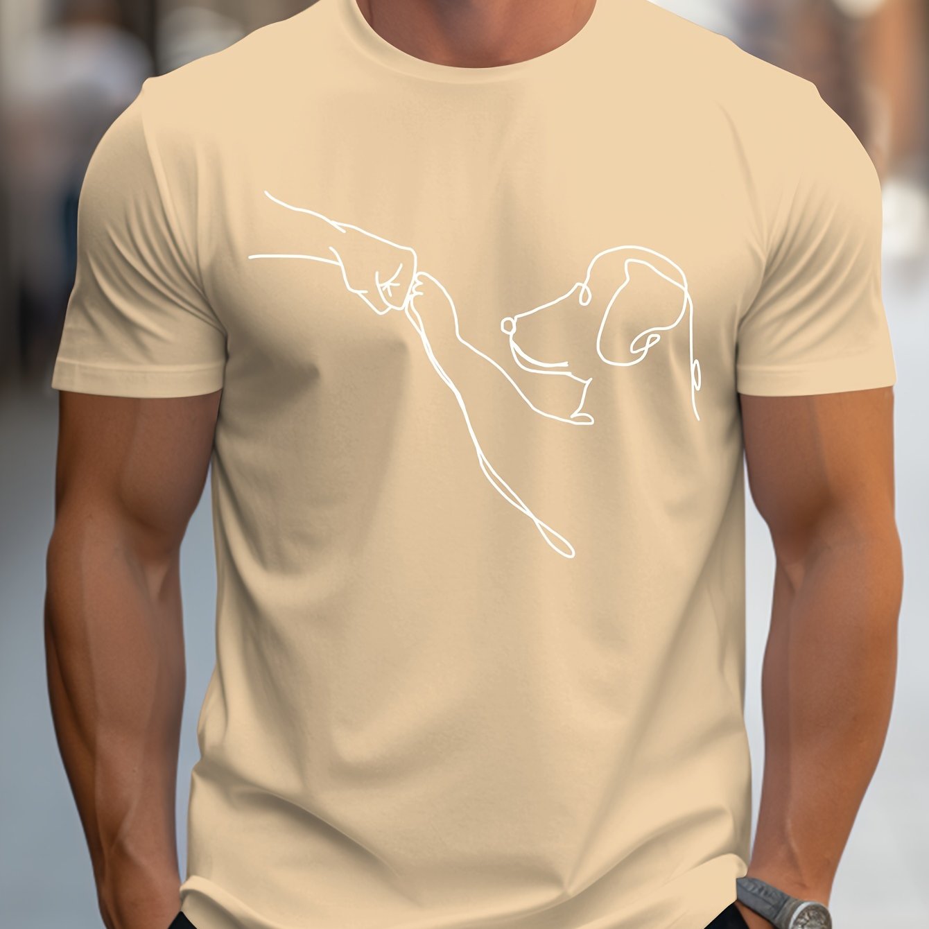 Men's Line Art Dog Print T-Shirt: Poop Scooper Exclusive! Super Cute Hand-Drawn Puppy Sketch, Minimalist Pet Interaction Design – Adorable Paw Print & Leash Graphic Tee