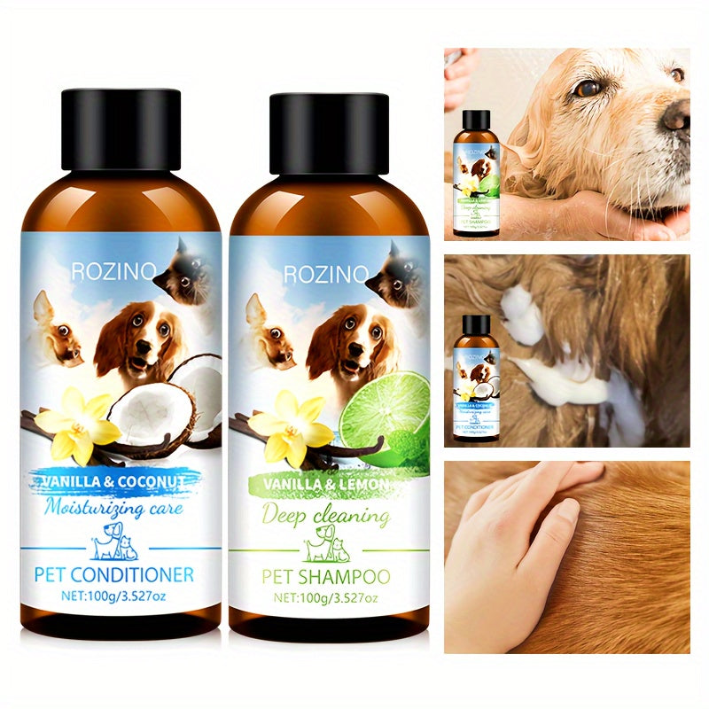2pcs ROZINO Pet Grooming Set - Gentle, Deep Cleansing & Moisturizing Conditioner and Shampoo for All Dog Breeds (Vanilla & Coconut Milk, Lemon & Mint, 100ml Each)