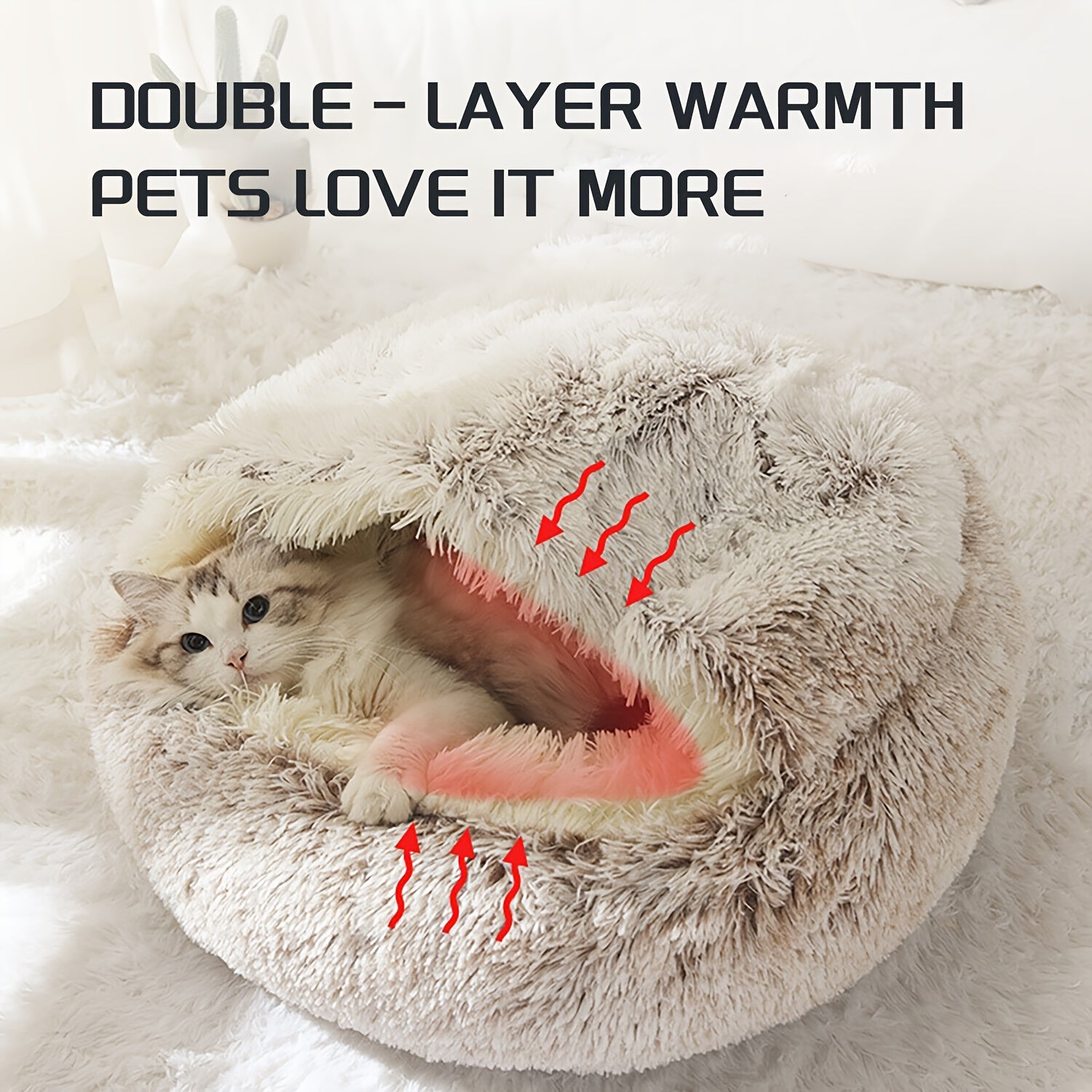 Cozy Luxurious Plush Donut Pet Bed - Hooded, Non-Slip Bottom, Easy to Clean - for Cats & Small Dogs, Perfect for Winter Comfort