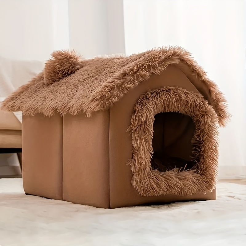 [For Cats & Dogs Plush Bed] Comfortable Plush Pet Bed For Cats And Dogs, Removable Non-slip Bottom Cat House, Four-season Use, Semi-enclosed Pet Sleeping Bed