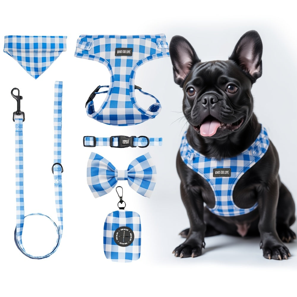 6pcs Plaid Dog Walking Set, Adjustable Pet Harness, 4 Ft Leash, Bowtie, Flag, Waste Bag Dispenser, Polyester Fiber, for Small to Large Dogs, Without Battery