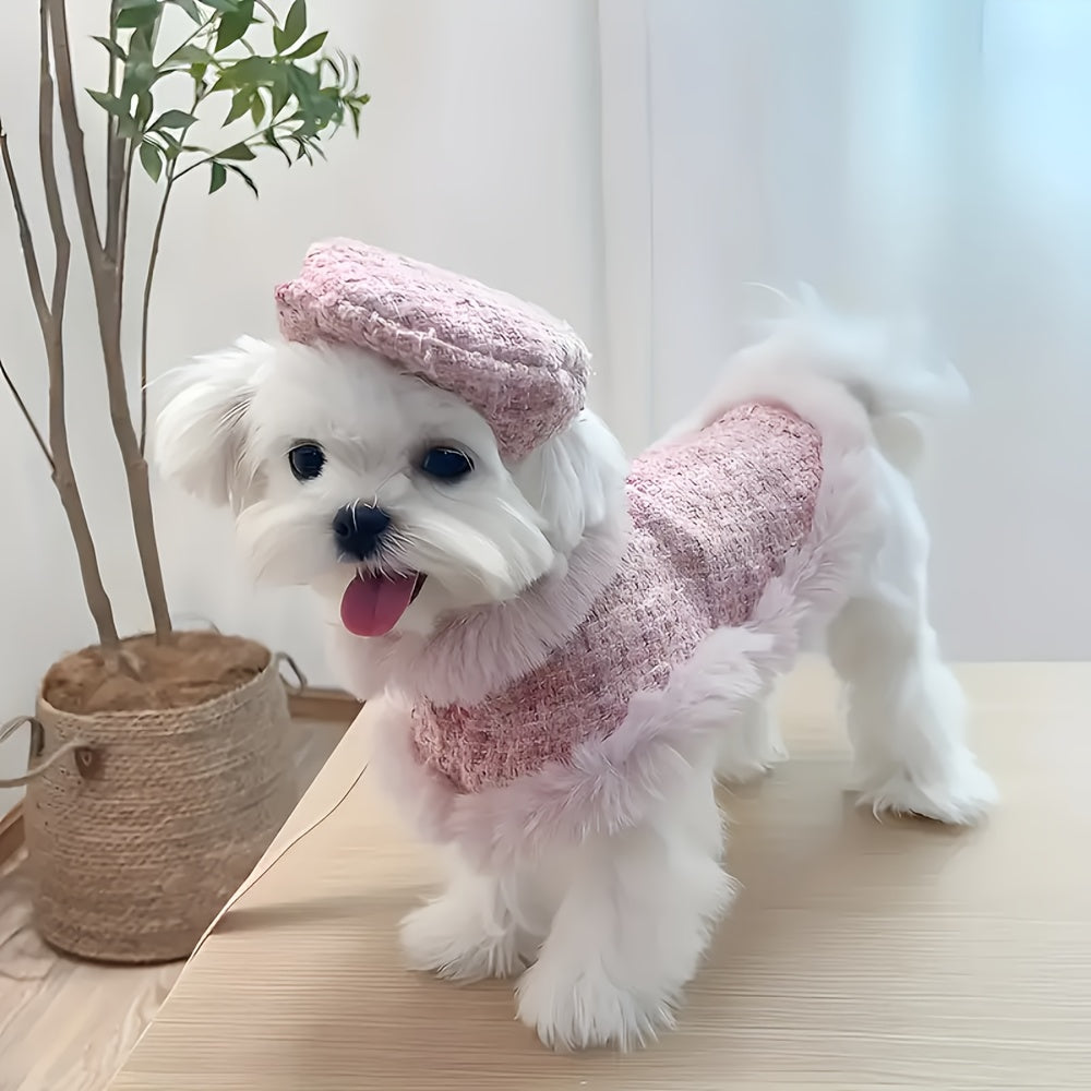Cozy Pink Plush Dog Sweater with Adjustable Harness and Leash Set - Knit Winter Coat for Small to Medium Breeds, Fashionable Pet Apparel for Autumn & Winter Comfort