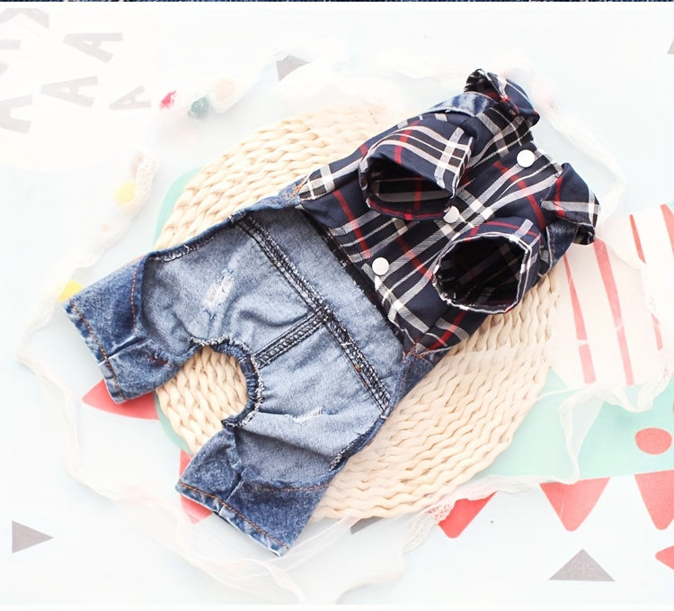 [Stylish Plaid Dog Jumpsuit] Cozy Plaid Denim Dog Jumpsuit - Stylish, Chic Button-Up Design for Small Breeds - Woven Fabric Pet Apparel