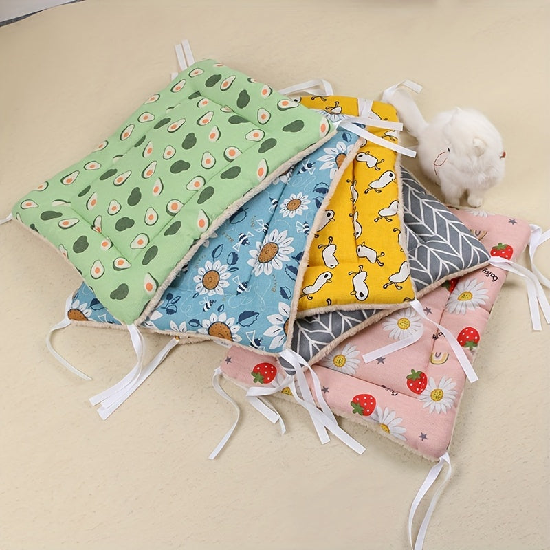 1 Piece Reversible Plush Cartoon Print Pet Bed - Soft Polyester Square Mat with Tie Straps, Polyester Fiber Filled for Ultimate Comfort, Assorted Fun Patterns, Perfect for Small to Medium Cats