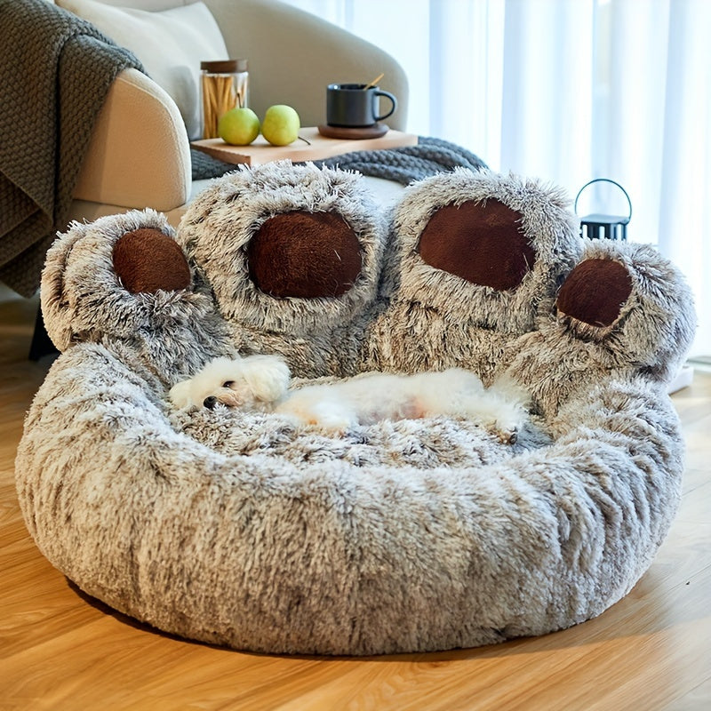 1pc Soft Plush Polyester Bear Paw Shaped Pet Bed, Calming Donut Dog Cat Cuddler Lounger, Warm Comfortable Round Pet Mat, Assembly Not Required for Cats and Small Dogs