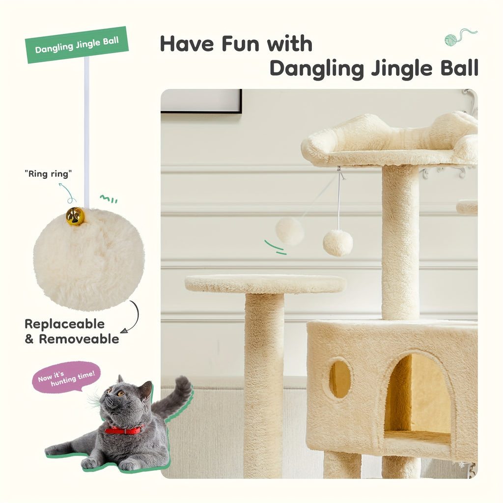 54in Cat Tree Tower for Indoor Cats, Multi-Level Pet Furniture, Kitty Play House with Sisal Scratching Post, Large Condo, Climbing Ladder, Plush Toy for Kitten, Beige and Gray
