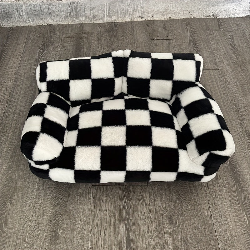 All-Season Pet Sofa Bed - Plush Polyester Cushioning, Black & White Checkerboard Pattern - Soft Warm Bed for Cats, Small Dogs, Indoor Use - Easy-Clean Pet Furniture for Living Room, Bedroom Decor, Cozy Design, Softcushioned S