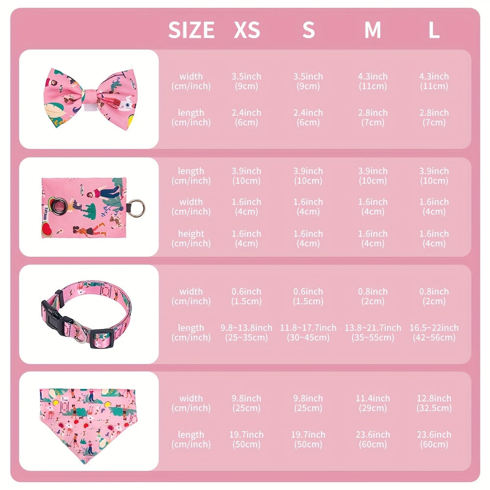 [Dog Walking] 6pcs Pink Love World Dog Walking Gear Set | Adjustable Pet Harness, Leash, Collar, Bow, Flag, Waste Bag Holder | Polyester Fiber | 4 Ft Leash, Uncharged | for Small to Large Dogs | Without Battery