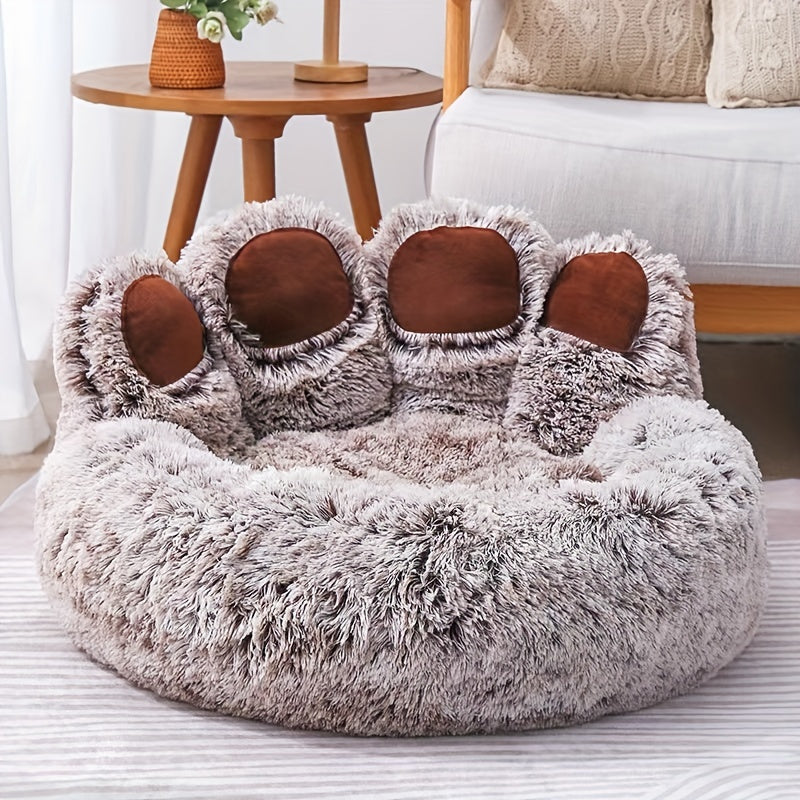 1pc Soft Plush Polyester Bear Paw Shaped Pet Bed, Calming Donut Dog Cat Cuddler Lounger, Warm Comfortable Round Pet Mat, Assembly Not Required for Cats and Small Dogs