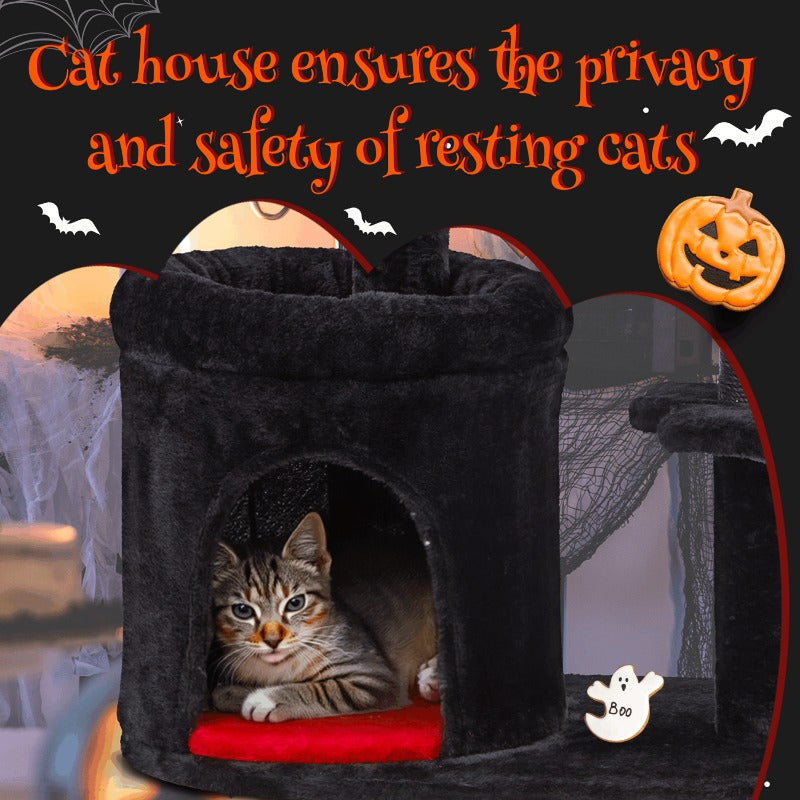 1pc Gothic Iron Cat Tree Tower with Scratching Post, Coffin Bed, and Playhouse - Durable Sisal Rope for Indoor Cats - Halloween-Themed Pet Furniture