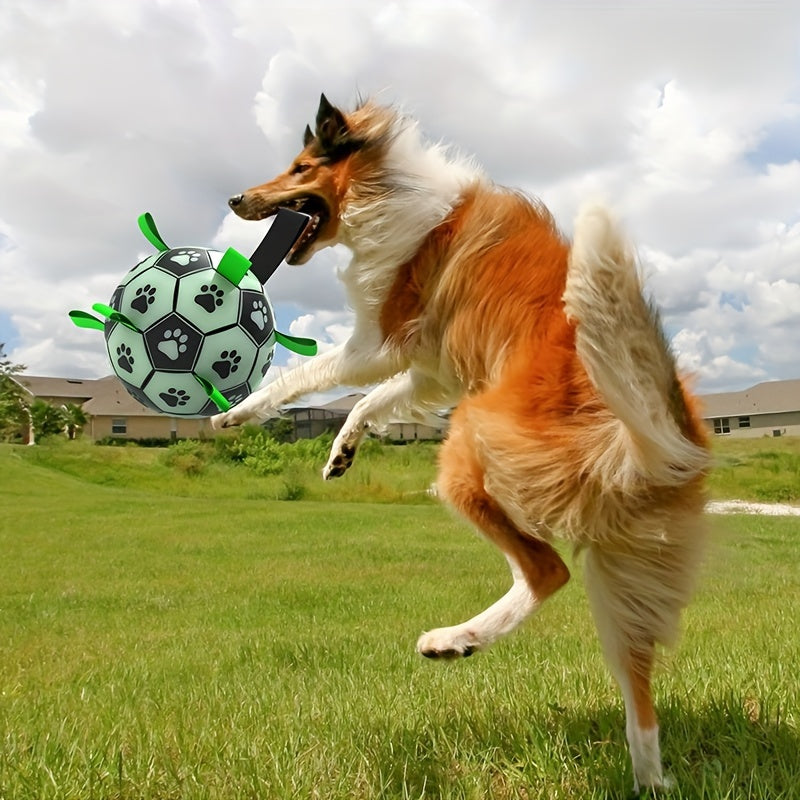 1pc Durable Football Design Pet Luminous Toy With Straps Dog Chewing Ball Toy For Training Playing Teeth Cleaning, Interactive Fetch Pet Toy For Small Medium Large Dogs