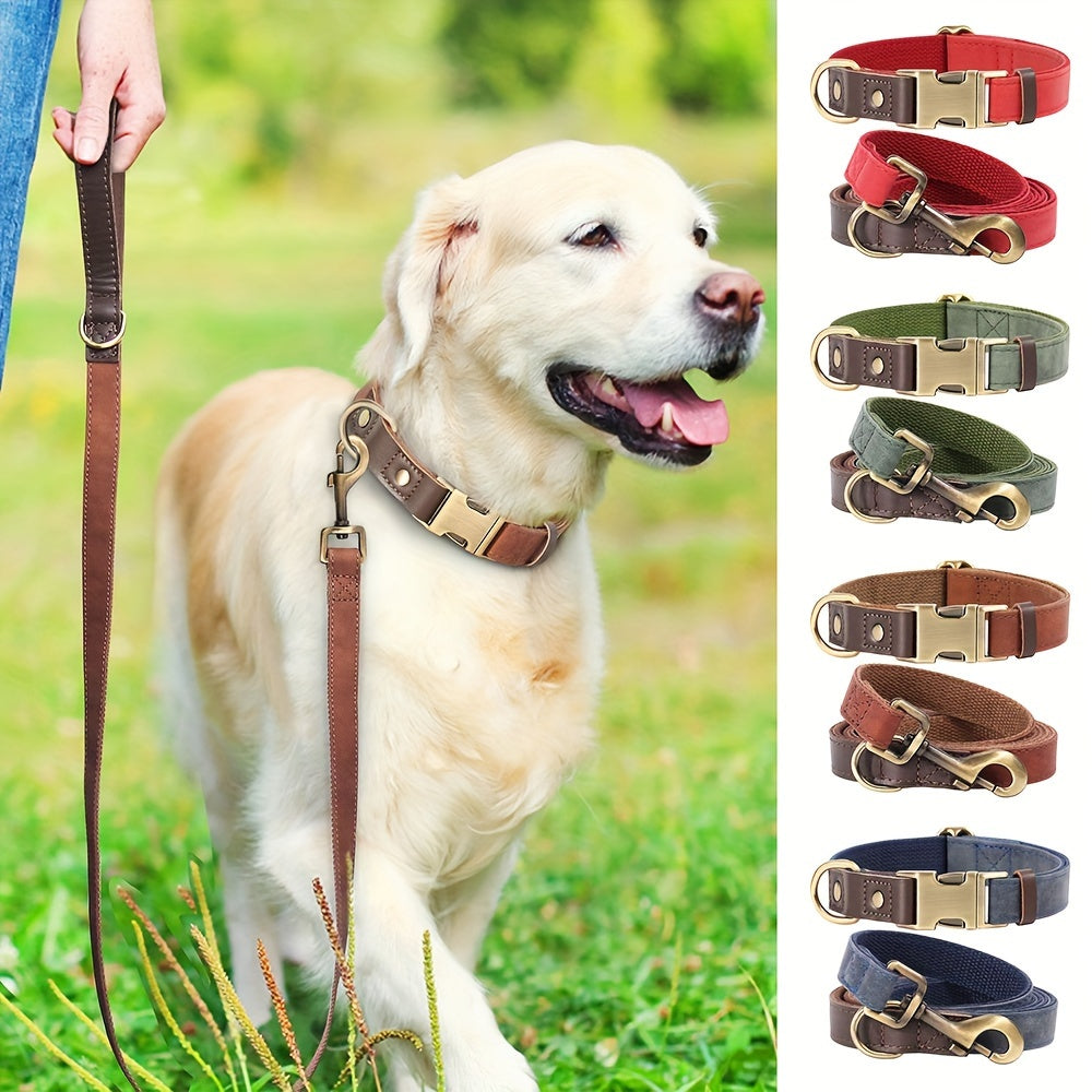 [Retro Pet Collar] Retro Color Matching PU Synthetic Leather Pet Collar and Leash Set - Durable Nylon Webbing Lined Dog Collar - Suitable for Large, Medium and Small Dogs