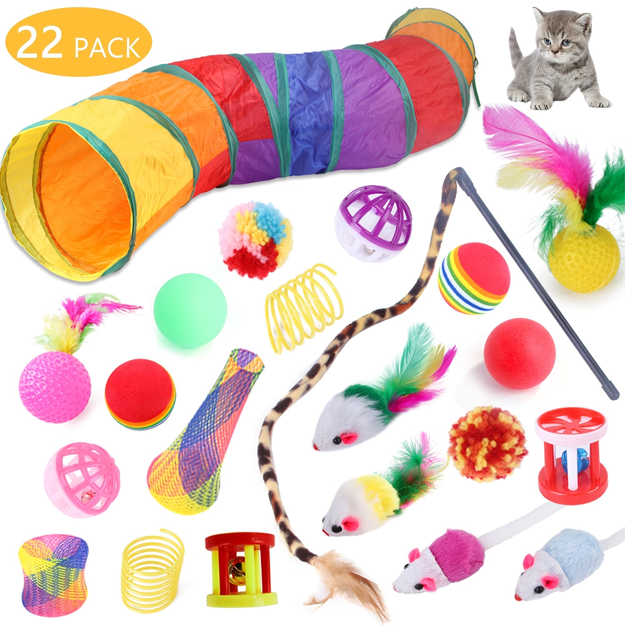 22pcs Cat Toys Kitten Toy Set Folding Camouflage Cat Tunnel Indoor Interactive Pet Toys Teaser Cat Feather Toy Colourful Mouse Plush Ball Bell Ball Toy Kit Kitten Puppy(Colorful)