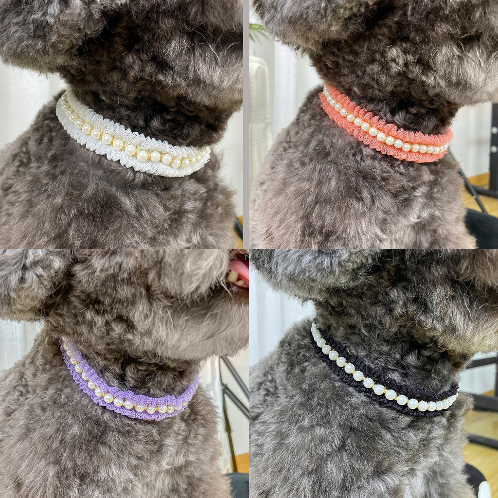 Pearl and Lace Pet Collar, Cute Dog and Cat Adjustable Neck Accessory with Mesh Ruffle Detail - Elegant Patterned Design for Stylish Pets