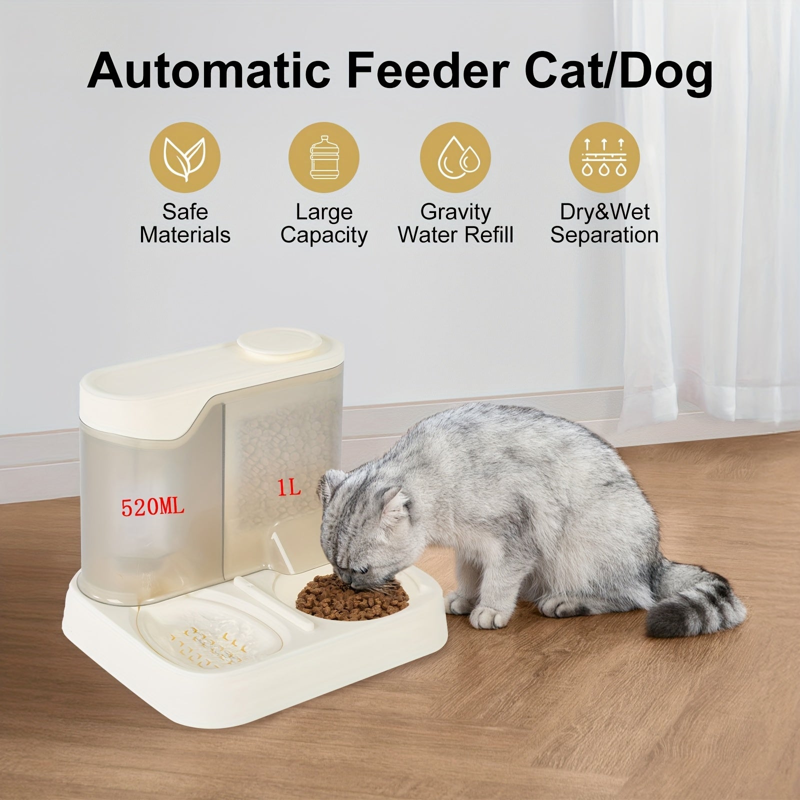 Automatic Cat Feeder And Water Dispenser Set, Pet Feeding And Drinking Station, Gravity Food Dispenser with 1.0gal Capacity, Non-Electric with Reusable Filter, Plastic Material for Cats And Dogs, Without Battery
