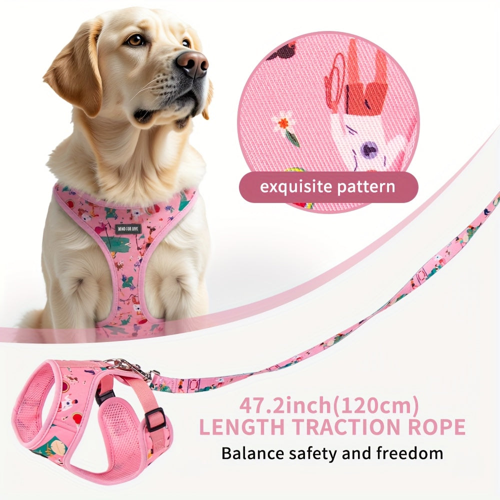 [Dog Walking] 6pcs Pink Love World Dog Walking Gear Set | Adjustable Pet Harness, Leash, Collar, Bow, Flag, Waste Bag Holder | Polyester Fiber | 4 Ft Leash, Uncharged | for Small to Large Dogs | Without Battery