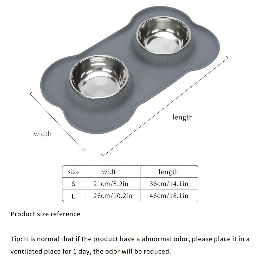 [2-in-1 Feeding Watering Station] 2-in-1 Dog Feeding & Watering Station, Thermoplastic Rubber Pet Bowl Mat with Stainless Steel Dual Bowls, Anti-Spill Pet Feeder, Includes Bowl Holder, Ideal for All Dog Breeds