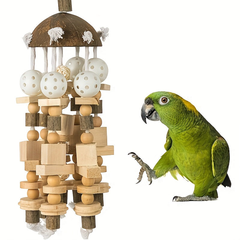 1pc Natural Wood Parrot Chew Toy - Durable Coconut Shell & Solid Wood Bird Plaything for Large Parrots