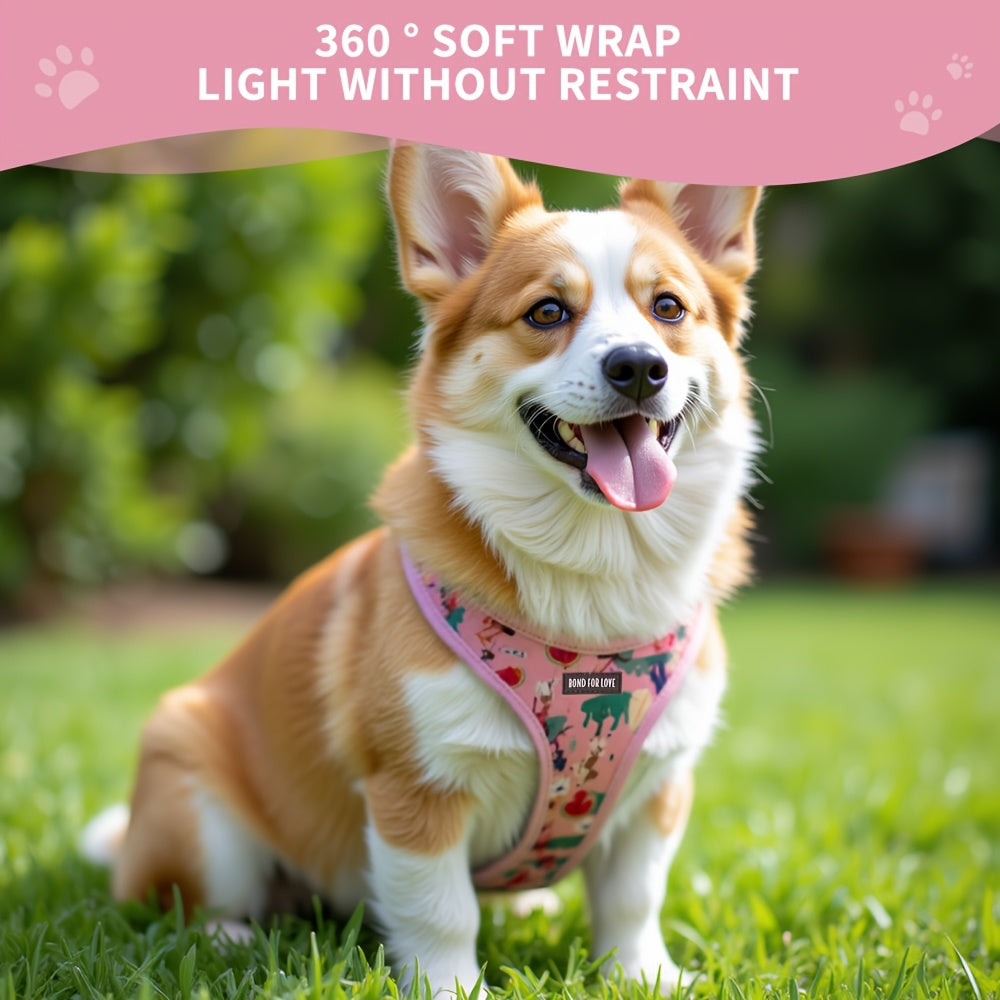 [Dog Walking] 6pcs Pink Love World Dog Walking Gear Set | Adjustable Pet Harness, Leash, Collar, Bow, Flag, Waste Bag Holder | Polyester Fiber | 4 Ft Leash, Uncharged | for Small to Large Dogs | Without Battery
