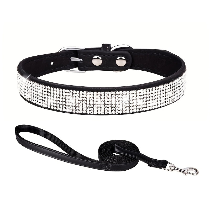 [Adjustable Bling Dog Collar Set] Bling Collar for Dogs, Durable Polyester Adjustable Pet Collar with Rhinestones and Matching Leash Set, Soft-Lined Neck Strap for Small to Large Dogs