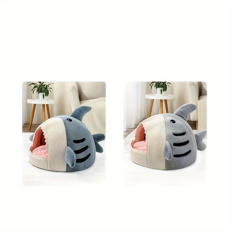 [Cozy Shark Pet Bed] Cozy Shark-Shaped Snug Haven Pet Bed - Removable Cushion, Semi-Enclosed Warm Winter Nest for Small to Large Dogs and Cats