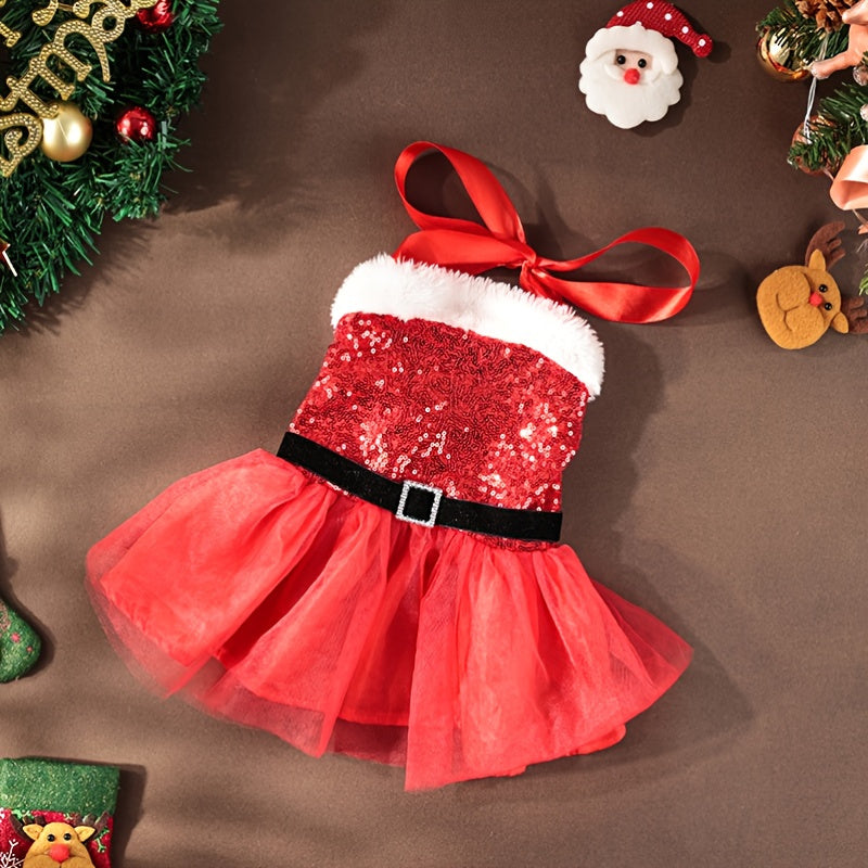 Chic Christmas Dog Dress - Festive Sequin Party Outfit for Small to Medium Breeds, Snap-On Polyester Pet Apparel - Perfect for Holiday Parties & Photoshoots - Gift for Dog Lovers
