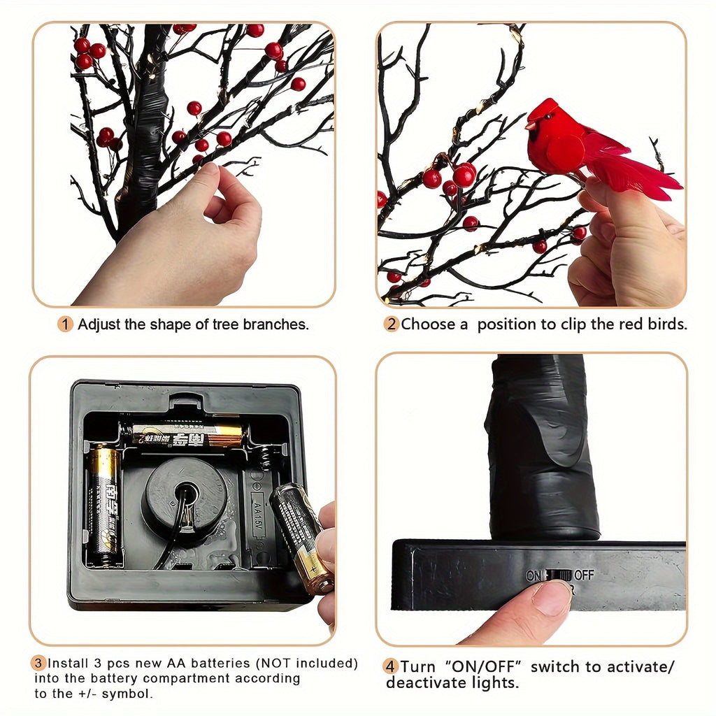 1 Elegant 21" LED-Lit Bonsai Tree with Red Birds & Black Artificial Birch - 60 Warm Yellow Lights, Perfect for Halloween, Thanksgiving, Christmas, Valentine's Decor - AA Battery Operated (Batteries Not Included)