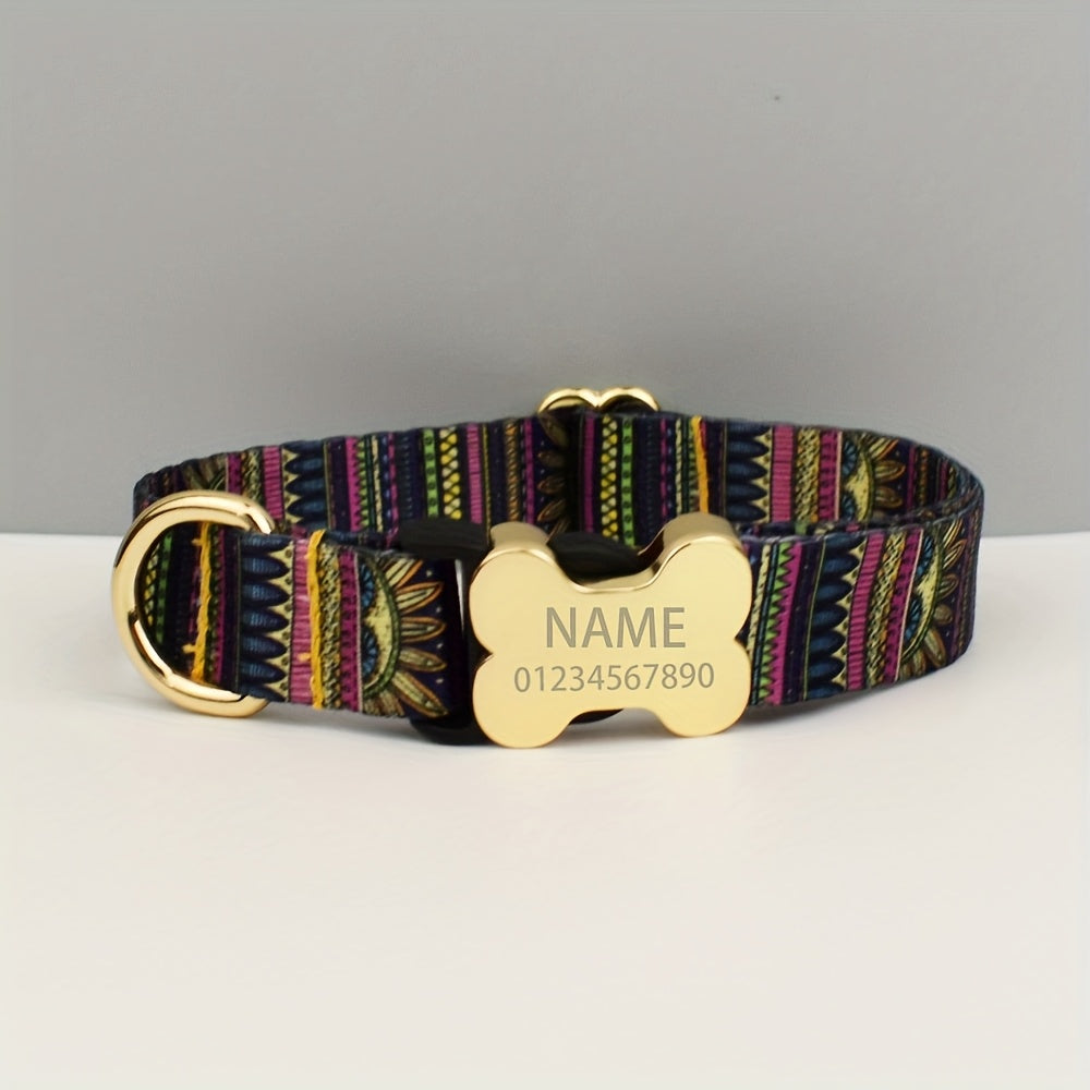 [ Customization ] Personalized Ethnic Style Pet Collar With Metal Bone Buckle, Customized Name And Phone Number Dog ID Tag, Suitable For Large/medium/small Dogs, Easy To Fasten And Release - Soft, Adjustable Pet Accessories -